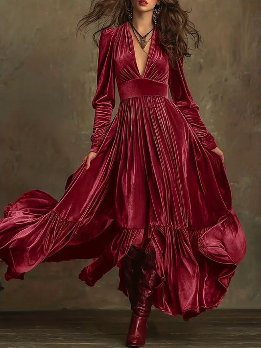 Christmas Party V-neck  velvet maxi dress