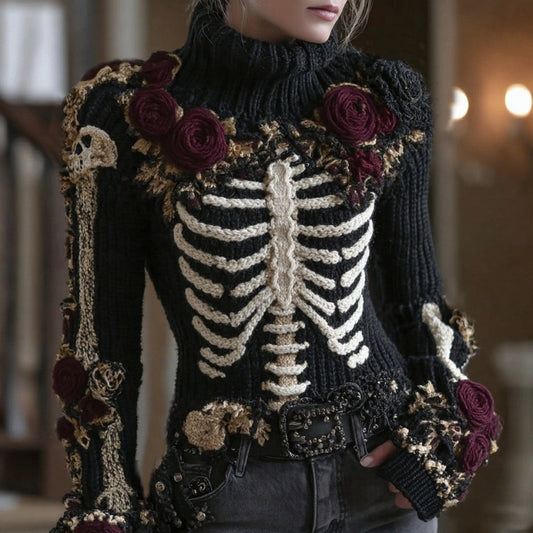 Comstylish Women's Vintage Skeleton Rose Art Cozy Knit Turtleneck Sweater
