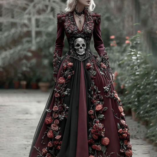 Vintage Skull Skeleton And Red Roses Flowy Maxi Dress elevenforest