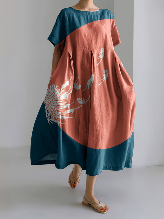 Abstract Creative Dandelion And Cat Painting Art Linen Blend Dress