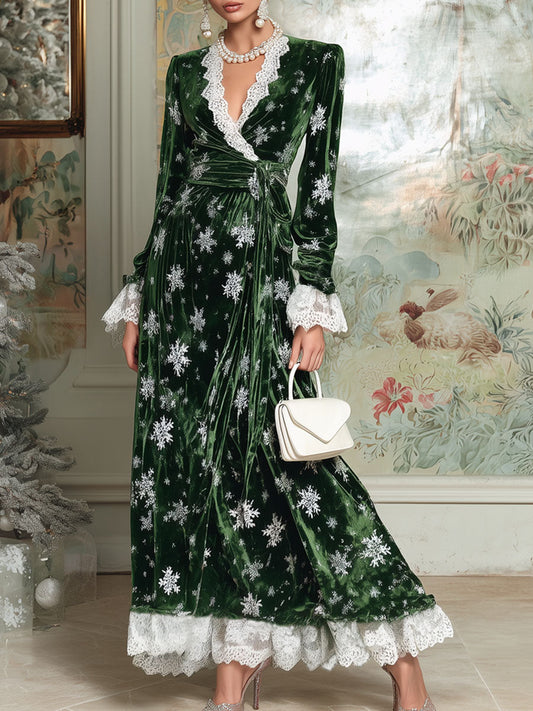 V-neck Lace Snowflake Print Velvet Long-sleeved Maxi Dress