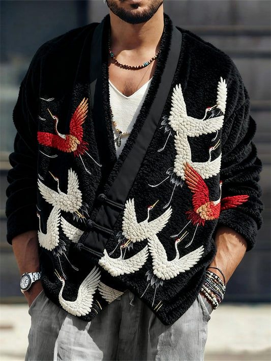 Men's Japanese Cranes Embroidered Cozy Fleece Kimono Cardigan elevenforest