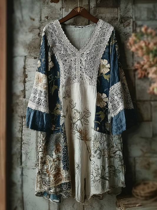 Japanese Art Retro Style Plant And Flower Pattern Patchwork Design V-neck Cotton And Linen Dress elevenforest