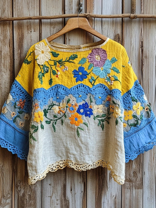 Ukrainian Oil Painting Style Floral Embroidery Lace Patchwork Women's Linen T-shirt elevenforest