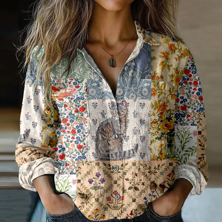 Vintage Floral And Cat Printed Art Cotton Linen Shirt elevenforest