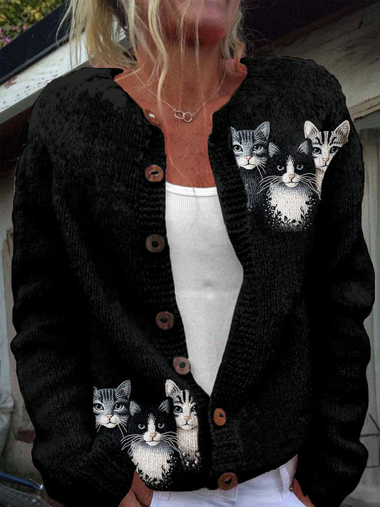 Lovely Cats Pattern Crew Neck Cozy Knit Cardigan elevenforest