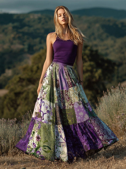 Boho Purple Patchwork Floral Pattern Women's Linen Half-length Skirt elevenforest