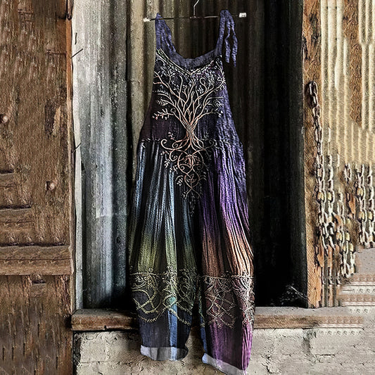 Vintage Viking Tree Of Life Gradient Art Linen Jumpsuit elevenforest