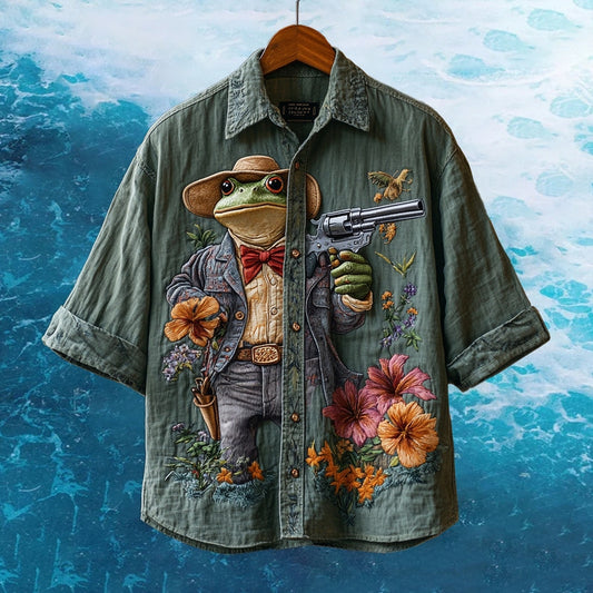 Men's Embroidered Funny Denim Frog Hawaiian Shirt elevenforest