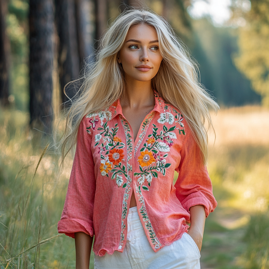 Vintage Bohemian Floral Embroidered Linen Shirt elevenforest