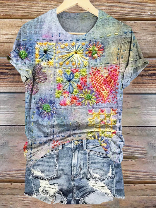 Vintage Quilting Textured Art Patterns Print Crew Neck T-shirt