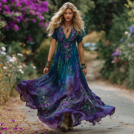 Women's Vintage Purple Roses Floral Embroidery Linen Short Sleeve Dress elevenforest