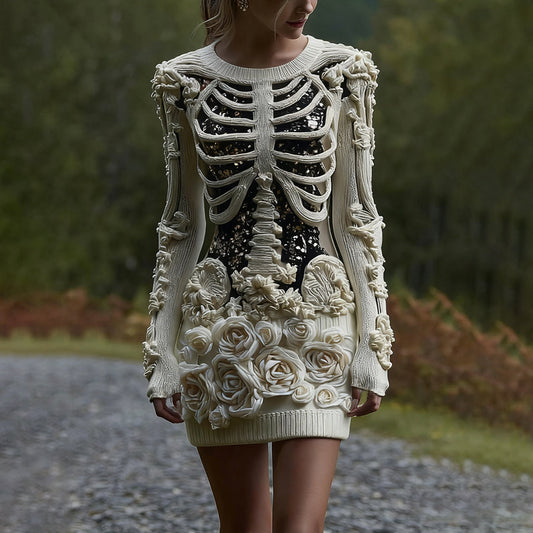 Comstylish Women's Vintage Halloween Skeleton Bones With Glitter And Rose Art Cozy Knit Mini Sweater Dress