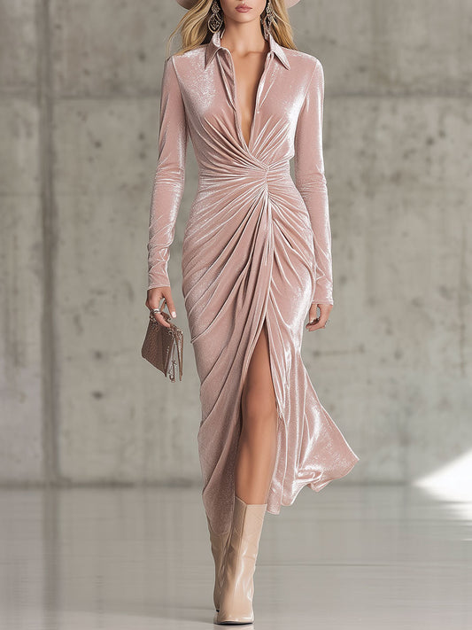 Glittering Vintage Pink Velvet Midi Dress