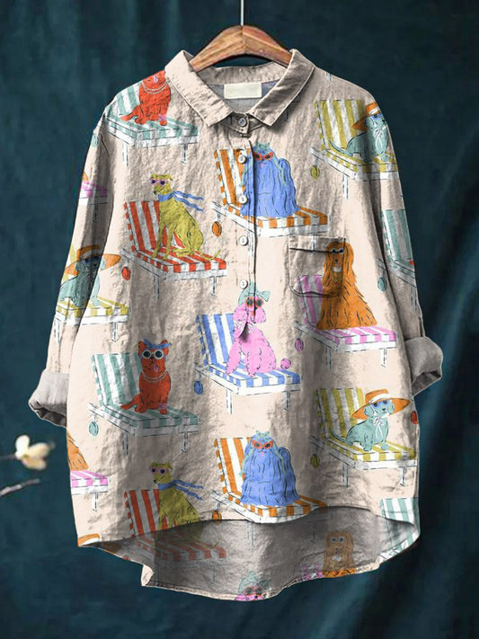 Vintage Lovely Dogs Art Print Casual Cotton And Linen Shirt