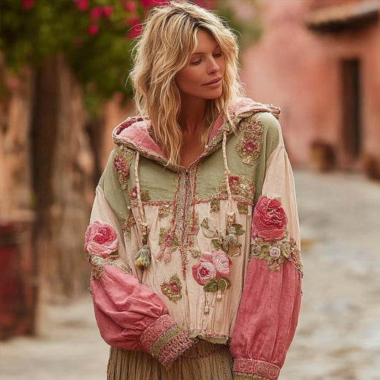 Women's Color-blocked Floral Vintage Hooded  Cardigan
