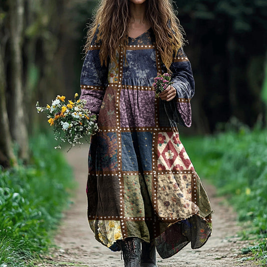 Vintage Patchwork Art Cotton Linen Comfy Maxi Dress elevenforest