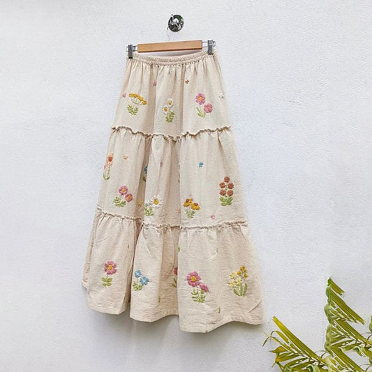Women's Casual Floral Embroidered Linen Skirt elevenforest