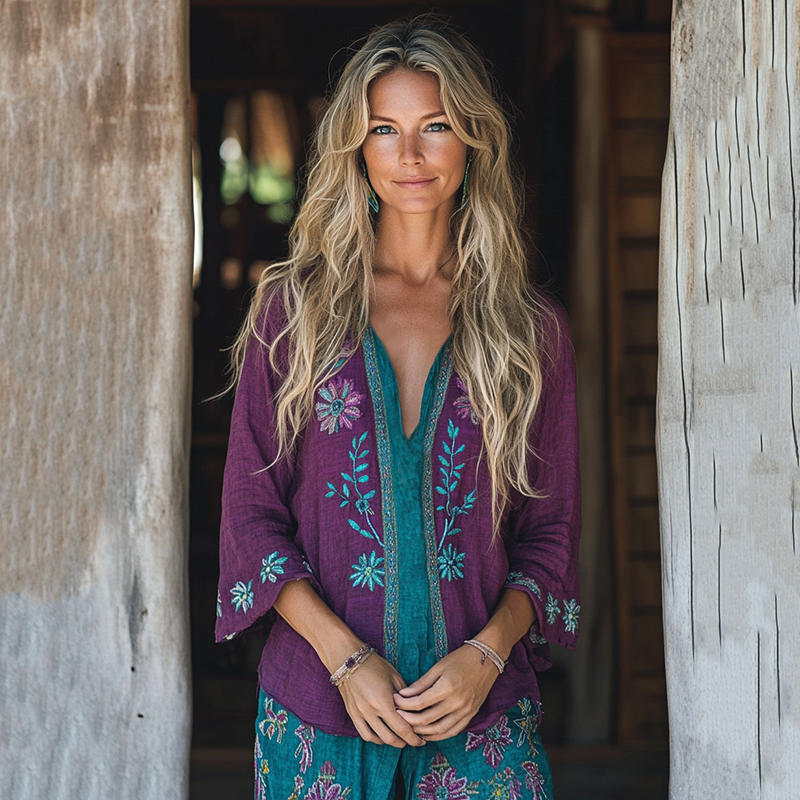 Comstylish Retro Boho Tribal Floral Embroidery Print Cotton And Linen Blend Loose Blouse