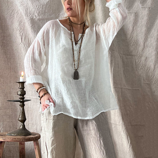 Comstylish Women's Vintage Cotton And Linen Buttons Blouse