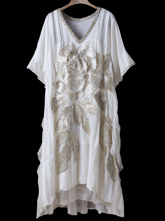 Retro White Rose With Sparkle Women's V-neck Long Dress elevenforest