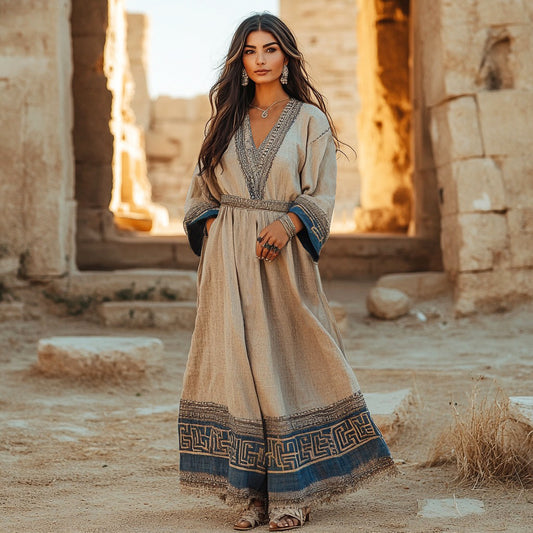 Retro Elegant Greek Key V Neck Linen Blend Maxi Dress elevenforest