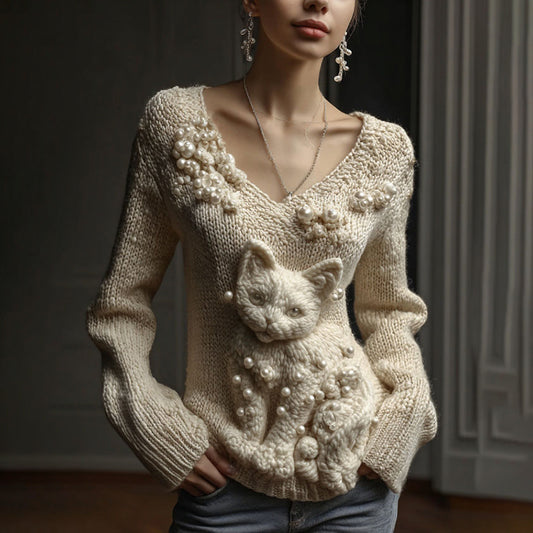 Women's Vintage Cute Cat Art Knitted Warm Cazy V Neck Sweater