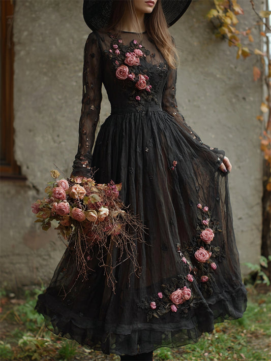 Vintage Pink Roses Witch Black Flowy Maxi Dress elevenforest