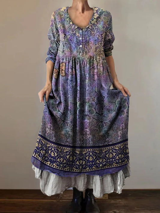 Women's Art Floral Hippie Vintage Print V Neck Dress