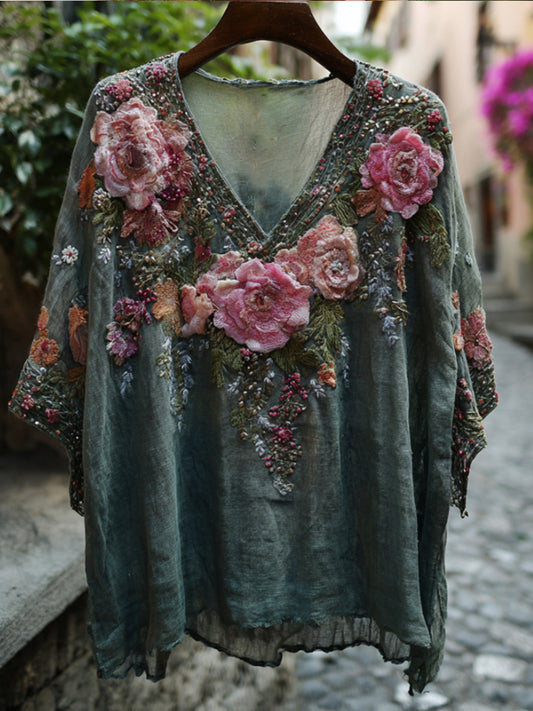 Bohemian Style Three-dimensional Floral Vintage Cotton And Linen Movie Green V-neck Short-sleeved Shirt elevenforest