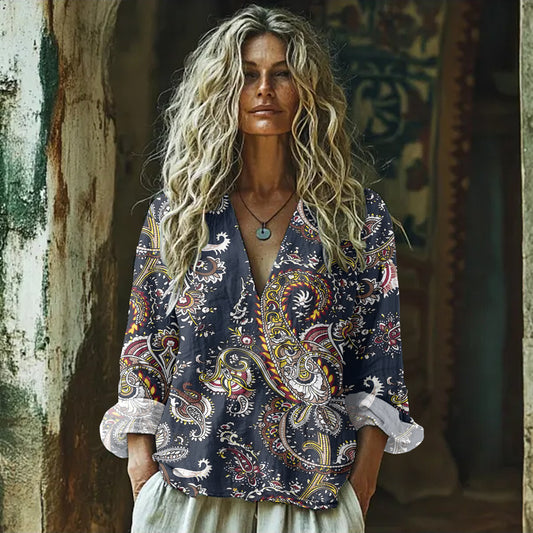 Paisley Art Print Cotton And Linen V-neck Loose Shirt elevenforest