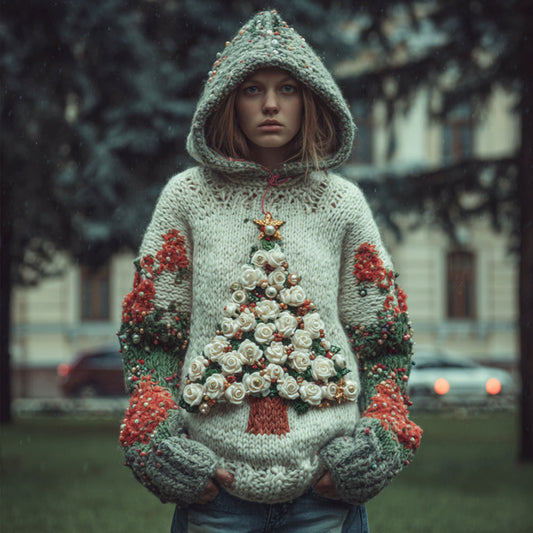 Comstylish Women Vintage Christmas Stars Christmas Tree Vintage Color Warm Hooded Sweater