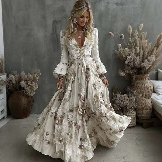 Women's Vintage Floral Pattern V Neck Casual Maxi Dress elevenforest