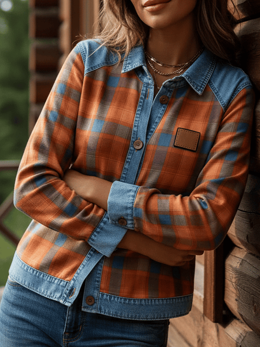Women's Casual Plaid Contrast Color Splicing Top 