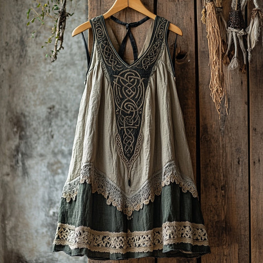 Tribal Celtic Embroidery Patchwork Lace Art Linen Tank Dress elevenforest