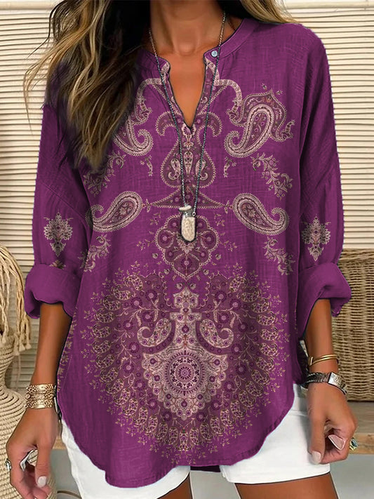 Ethnic Bohemian Floral  Women's Casual Linen Blend Shirt elevenforest
