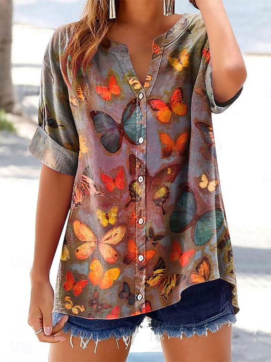 Women's Butterfly Pattern Art Print Cotton and Linen Casual Shirt