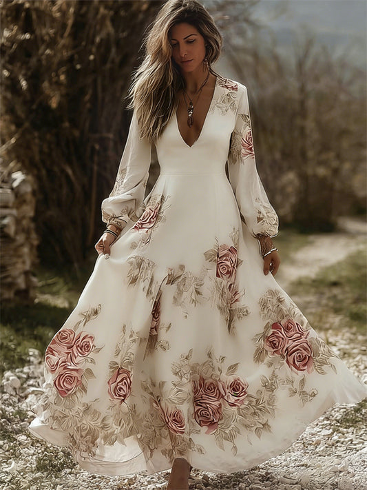 Vintage Cottagecore Roses Print V Neck Flowy Maxi Dress elevenforest