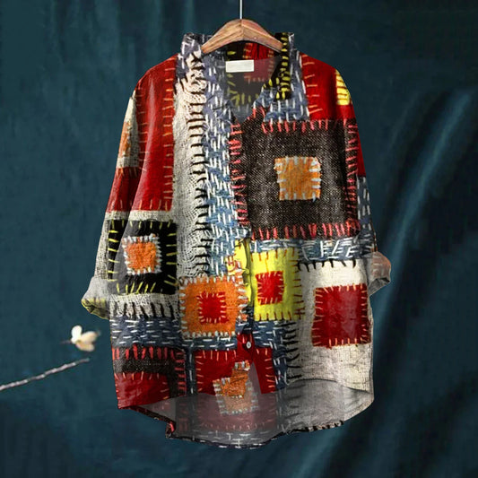 Elegant Geometric Patchwork Pattern Art Linen Ruffle Shirt elevenforest