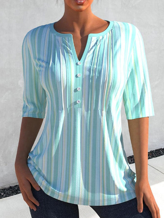Split Neck Cyan 3/4 Sleeve Striped Blouse