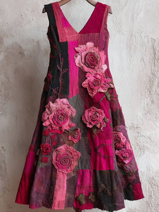 Pink Roses Embroidered Patchwork Linen Tank Dress elevenforest