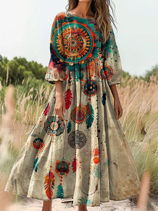 Women's Boho Ethnic Mandala Art Print Flowy Cotton Crew Neck Dress