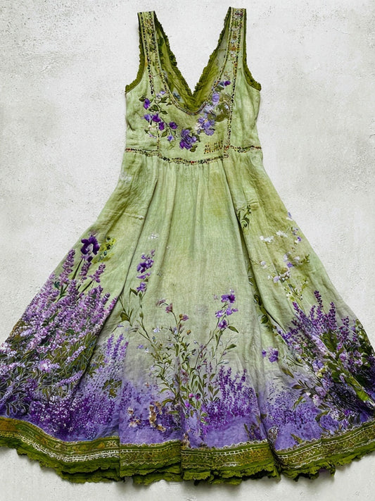 Vintage Lavender Flowers Embroidered Gradient Linen Midi Dress elevenforest