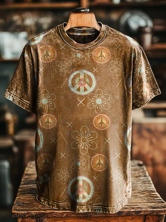 Hippie Love Peace Flowers Vintage Art Print Casual T-shirt For Men And
