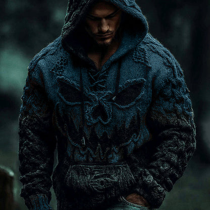 Men's Halloween Pumpkin Face Gradient Jacquard Knit Hooded Sweater artswardrobe