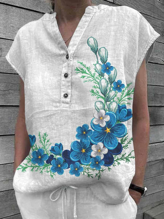 Women's Floral Art Casual Cotton Shirt Tops