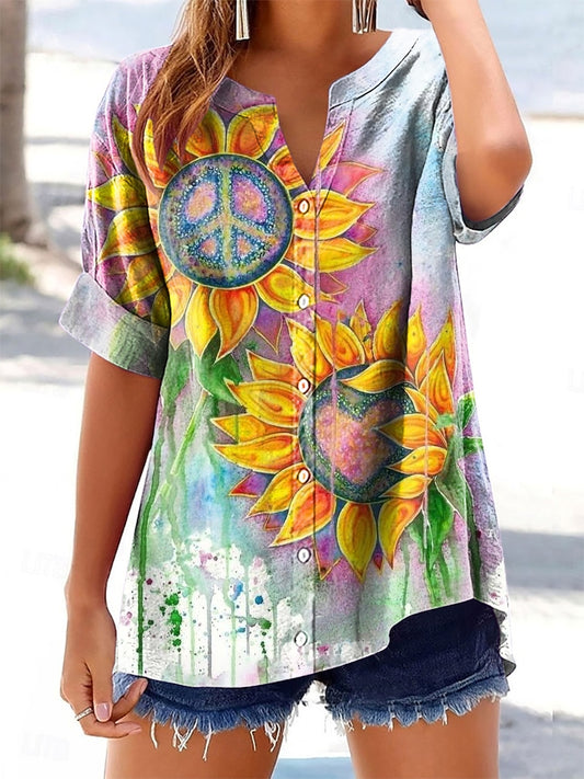 Women's Hippie Peace Sunflower Art Print Casual Cotton and Linen Shirt