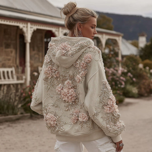Women's Vintage Rose Pearl Embroidery Comfortable Warm Hoodie