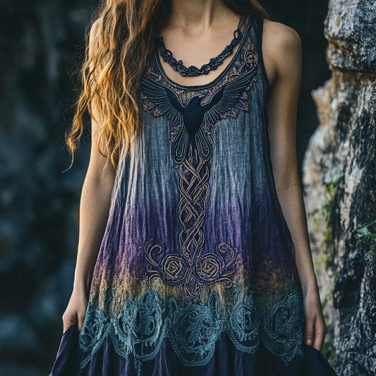 Raven Embroidered Vintage Lace Women's Linen Vest Dress elevenforest