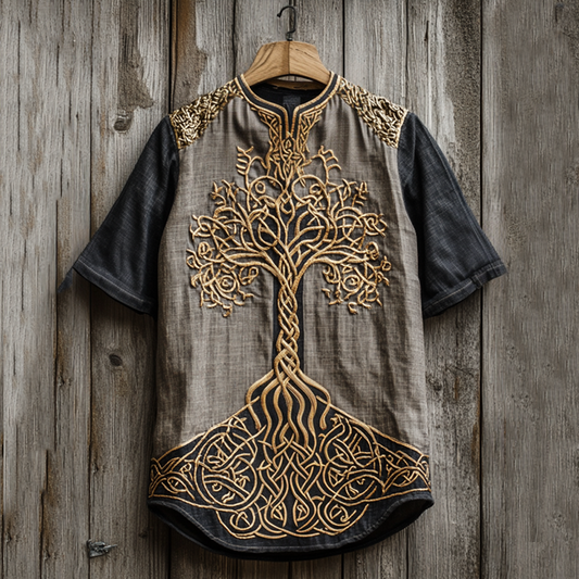 Men's Viking Tribal Tree Of Life With Celtic Knotwork Embroidered Art  Linen Round Neck T-shirt elevenforest
